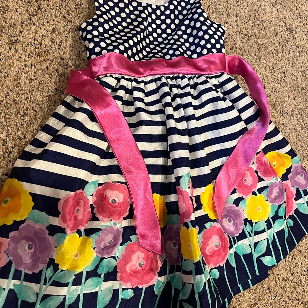 Polka Dot and Striped Floral Dress with Pink Sash